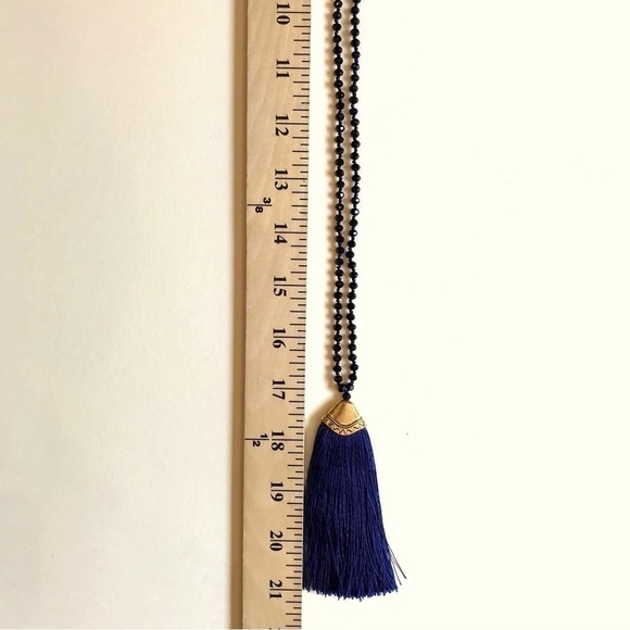 Hand Knotted Tassel Necklace in Black, Blue & Brass, 34”, Great Condition - Picture 7 of 10